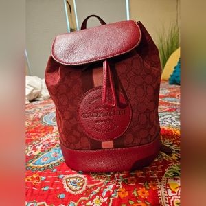 Coach Dempsey Drawstring Backpack Signature Jacquard w/ Stripe in Red